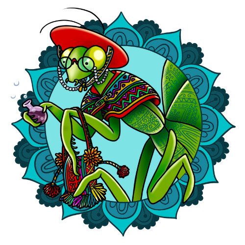 an Andean shamanic praying mantis in a blue lotus who is holding the antidote to become sovereign